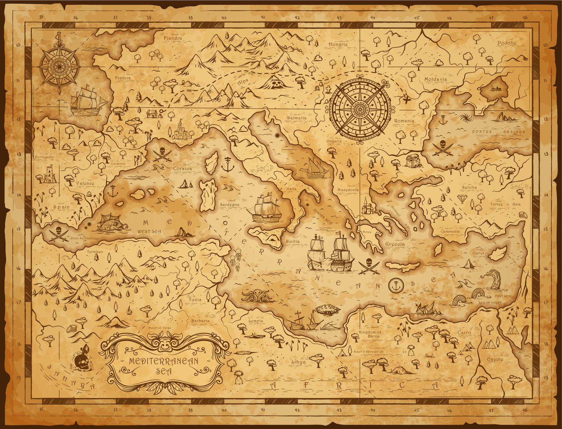 Old Map Of United States 1874 Vintage - Old Vintage Map Of Mediterranean Sea Pirate Sail Vector