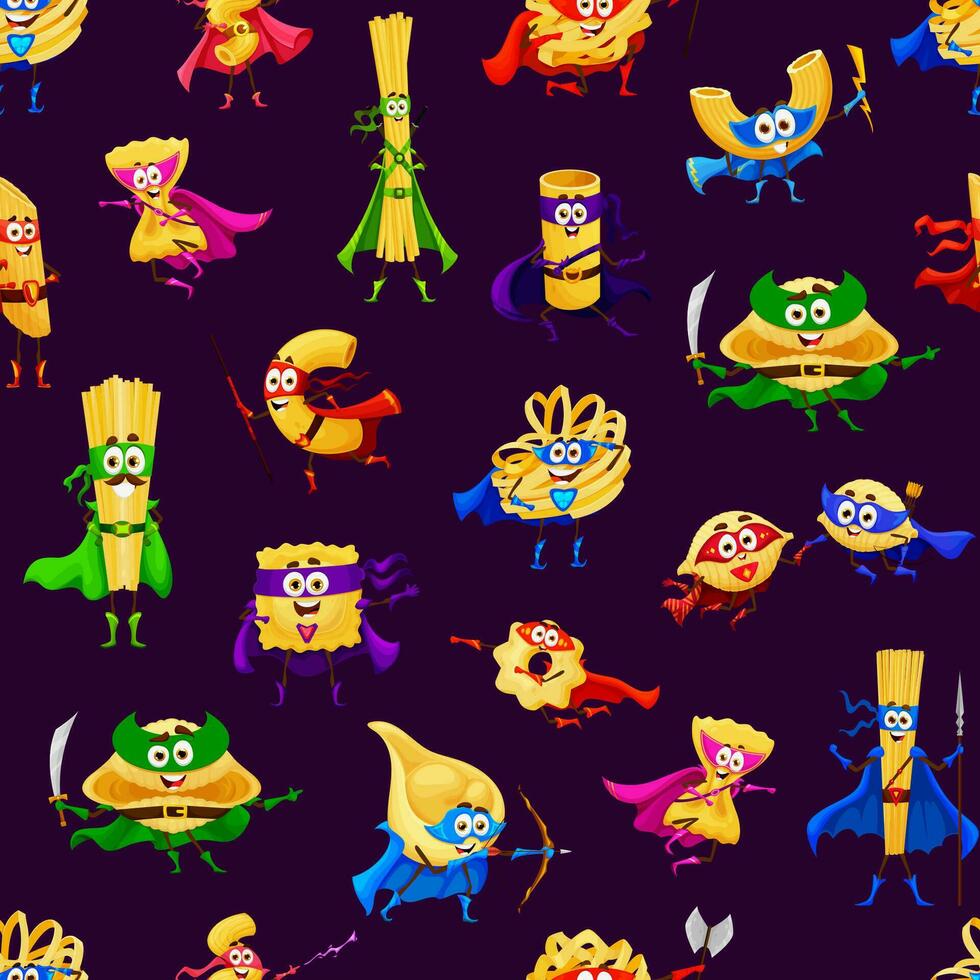 Cartoon pasta superhero character seamless pattern vector
