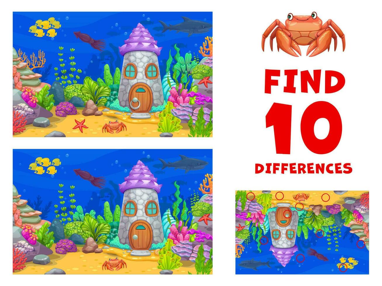 Find ten differences game, underwater landscape vector