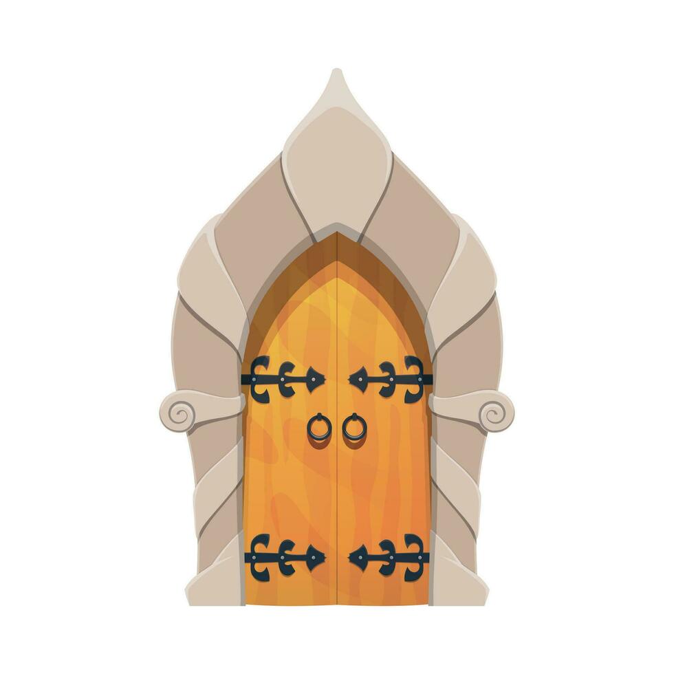 Cartoon medieval castle arch gate, wooden door vector