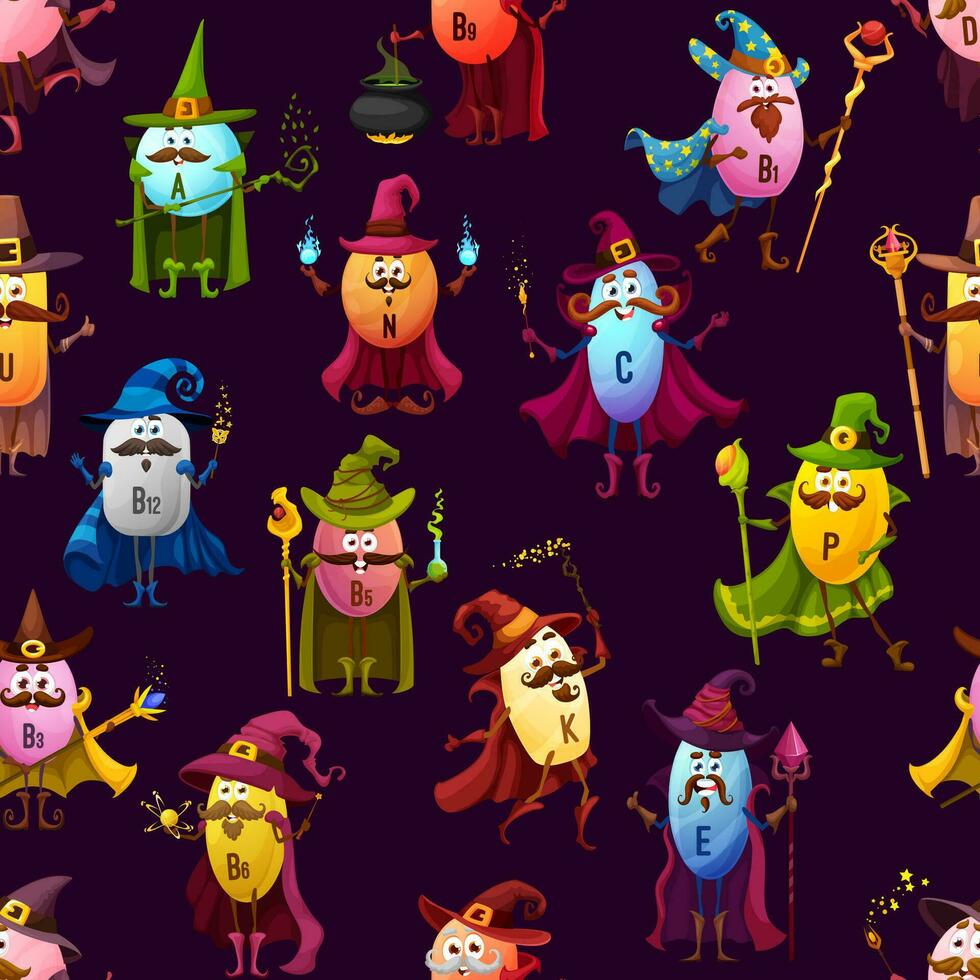 Cartoon vitamin wizard characters seamless pattern vector