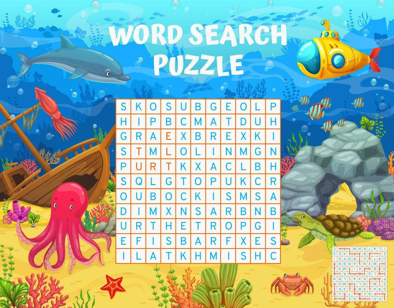 Word search puzzle game with underwater world vector