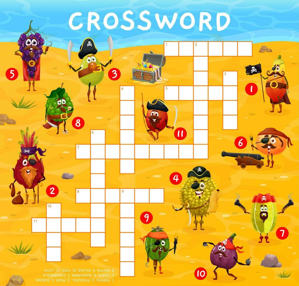 Crossword quiz game grid cartoon fruit pirates vector