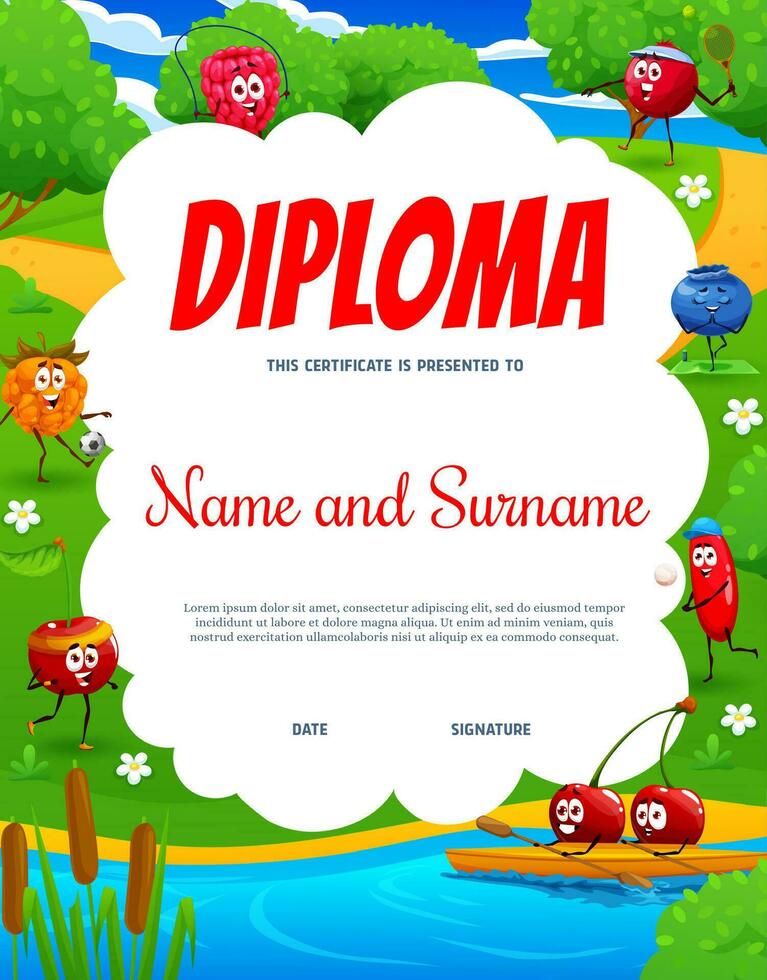 Kids diploma cartoon cheerful berries on lake vector