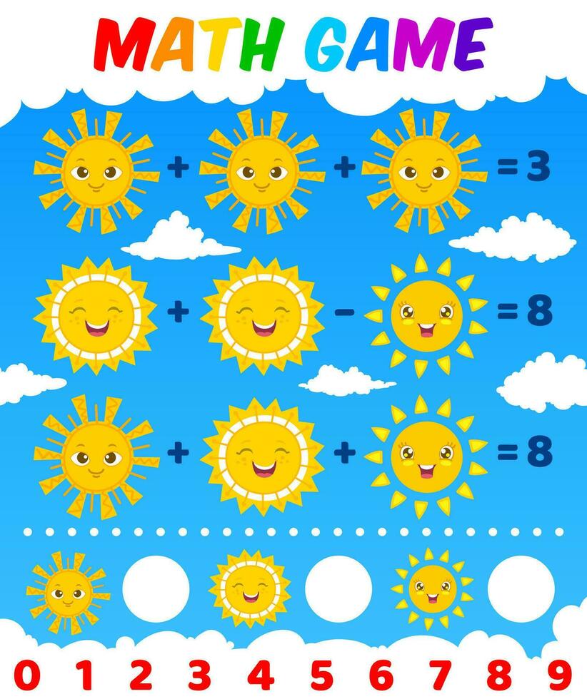 Math game worksheet with cartoon sun characters vector