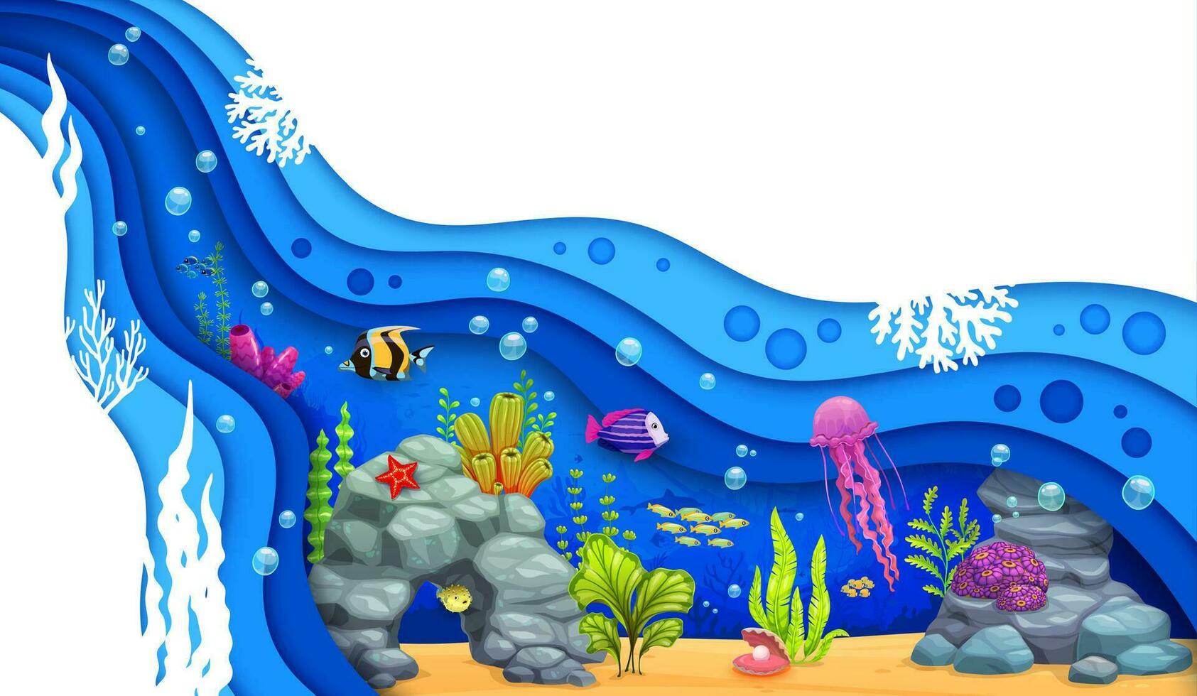 dibujos animados submarino, papel cortar mar paisaje peces vector