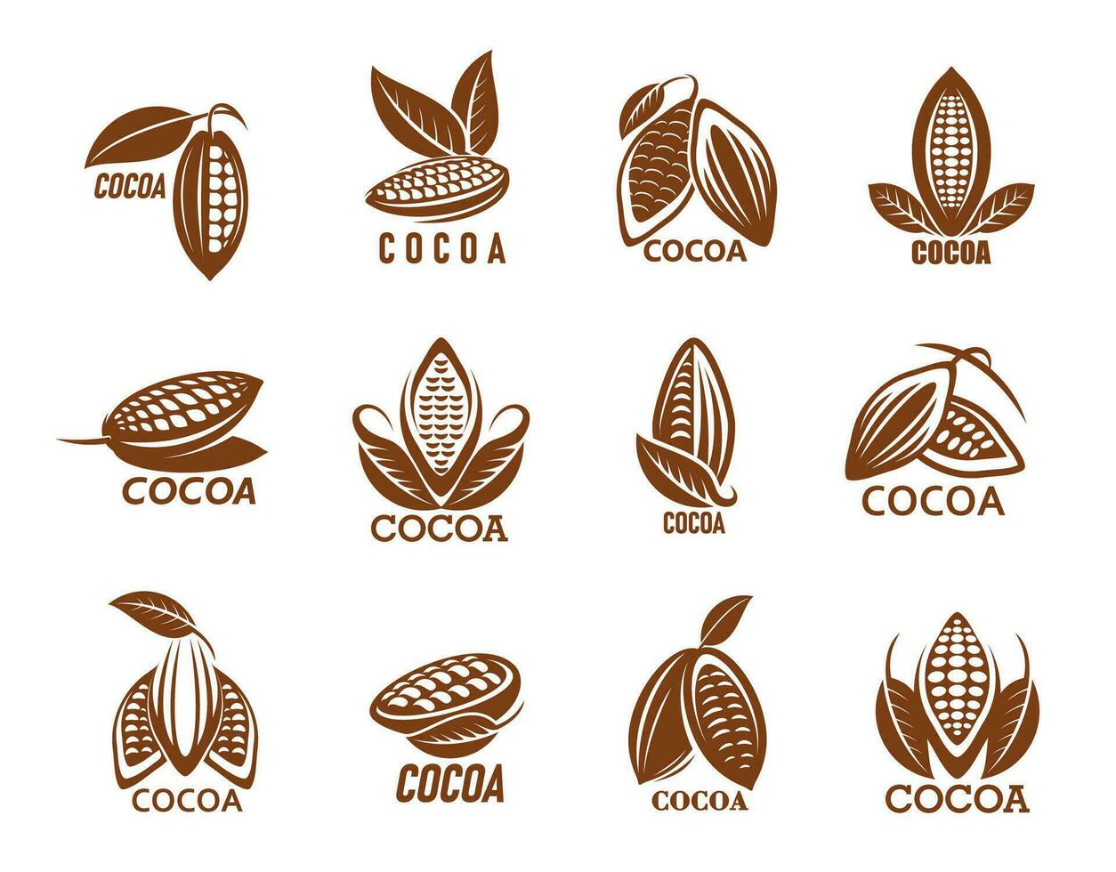 Cocoa icons, cacao or chocolate beans with leaf vector