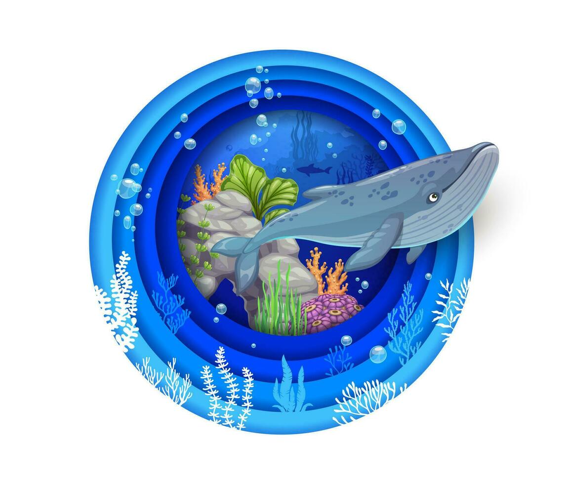 Cartoon sea paper cut, underwater landscape, whale vector
