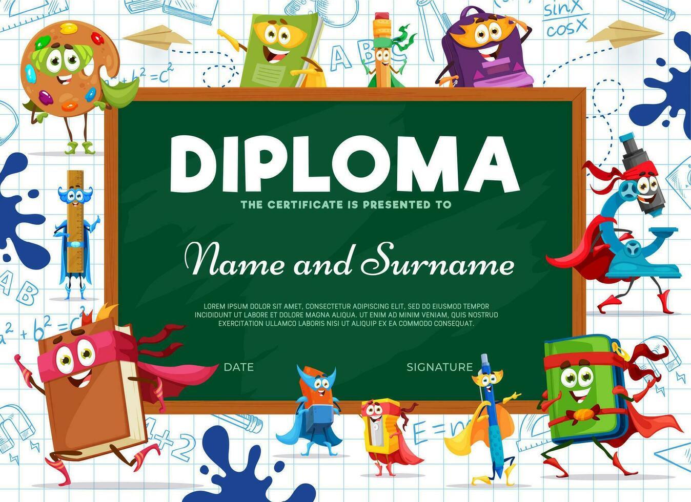 Kids diploma cartoon school superhero characters vector