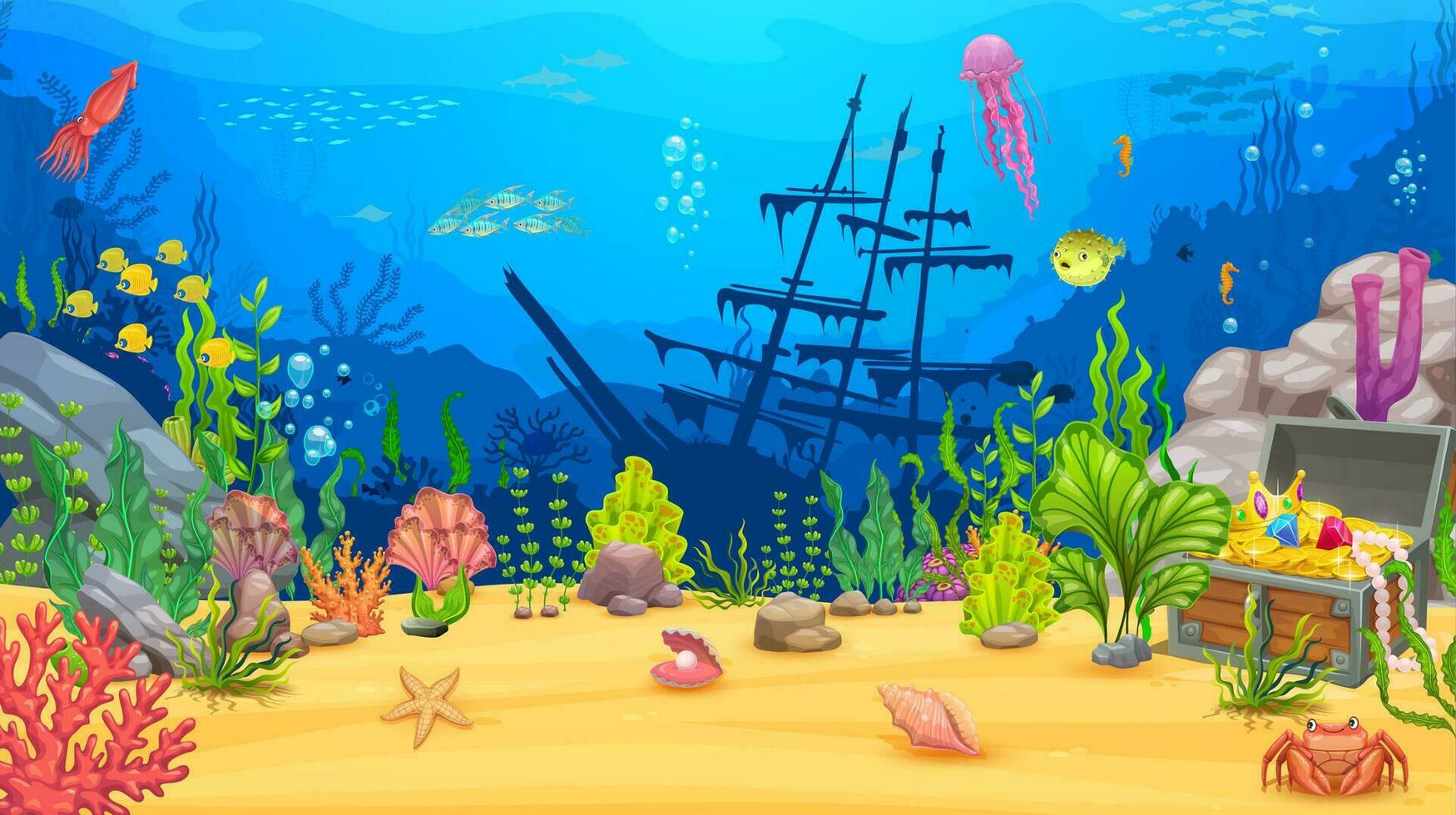 Underwater game landscape with treasure chest vector