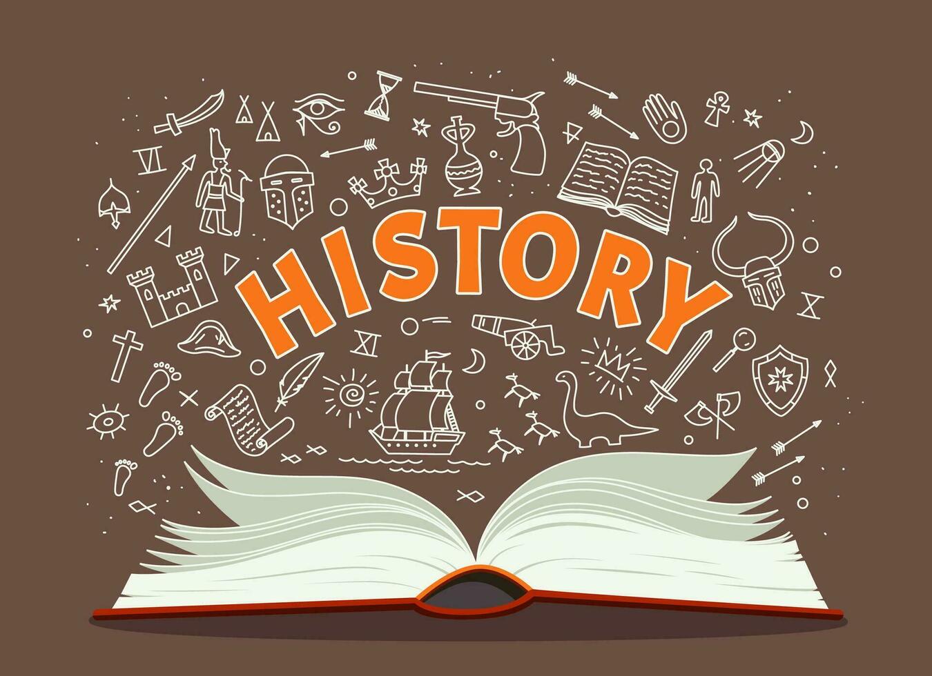 History textbook, school book and doodle symbols vector