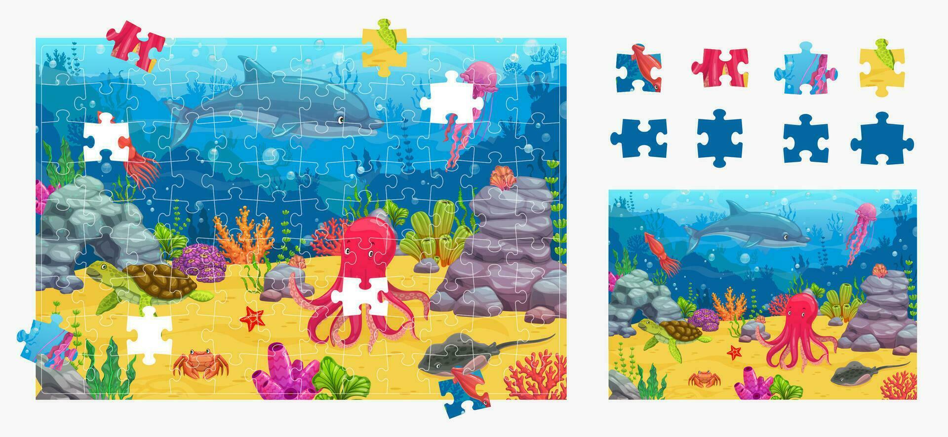 dibujos animados mar animales y rompecabezas rompecabezas juego piezas vector
