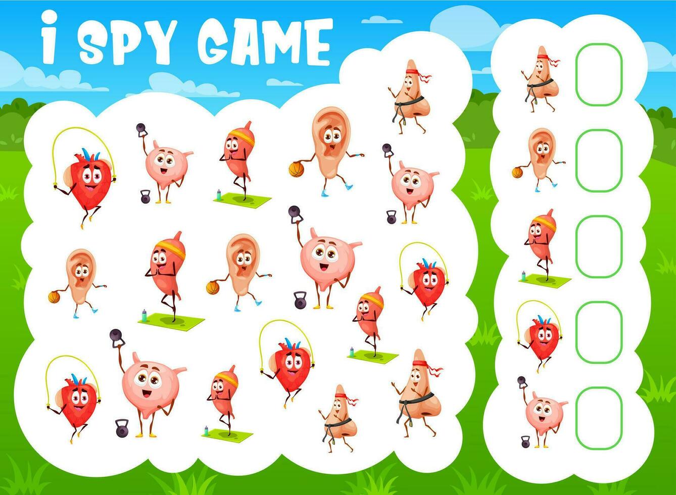 I spy game, cartoon funny human organs characters vector