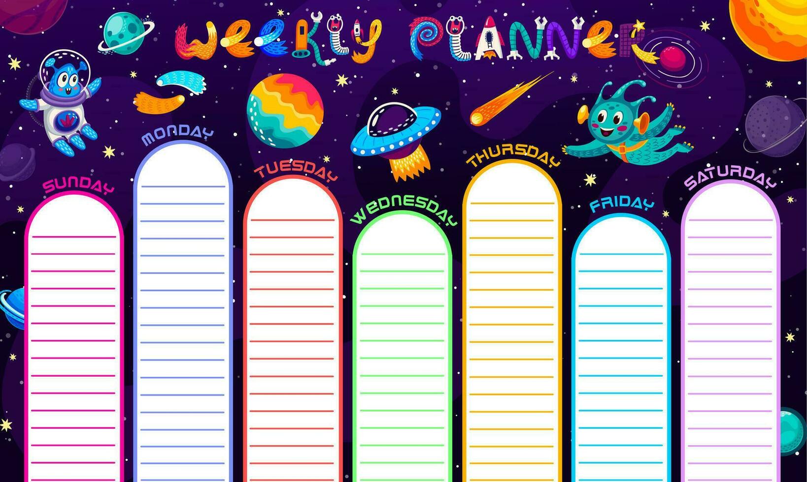 Weekly planner schedule. Cartoon alien and ufo vector