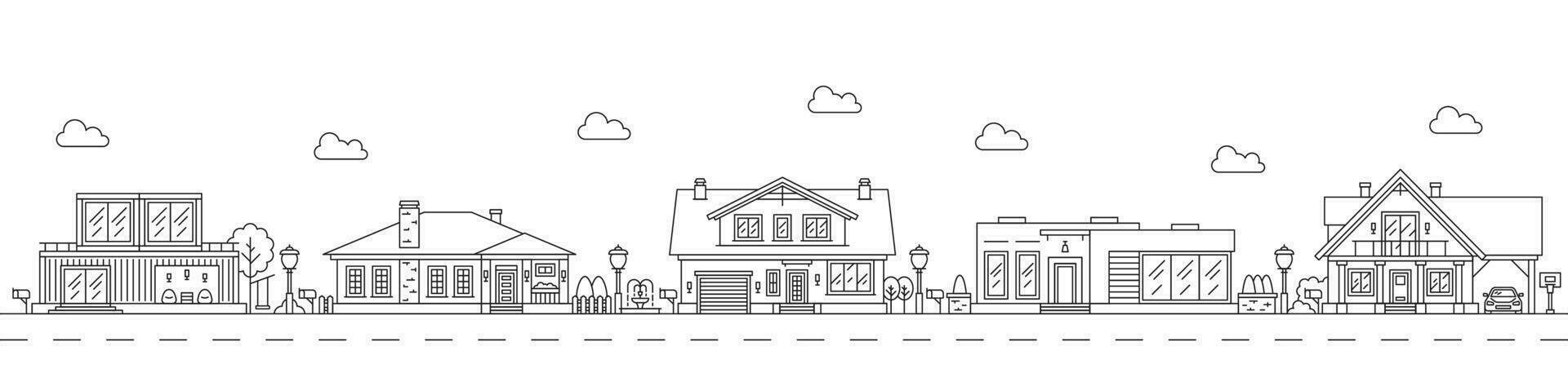 Neighborhood line art village or town buildings vector