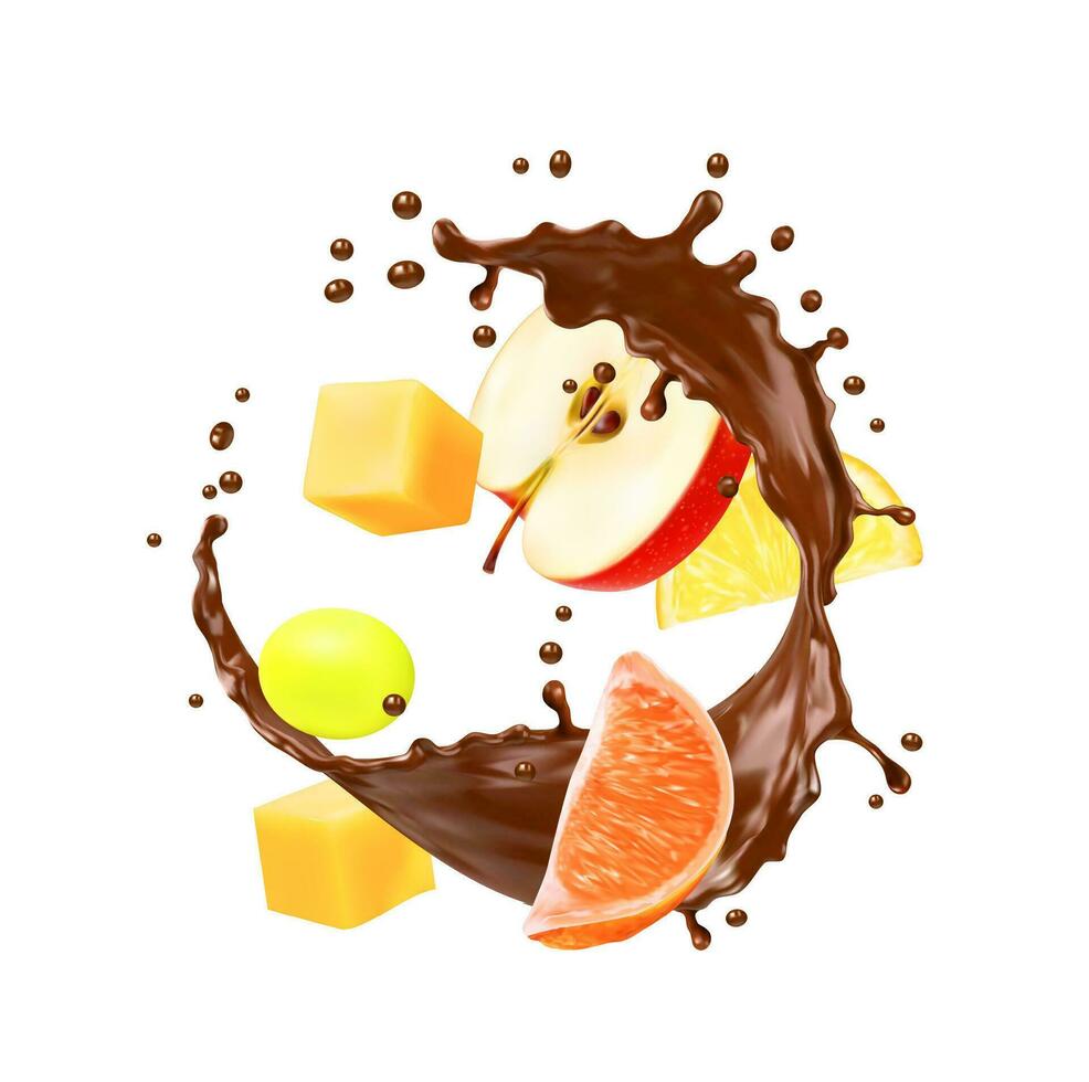 Realistic chocolate milk round splash with fruits vector