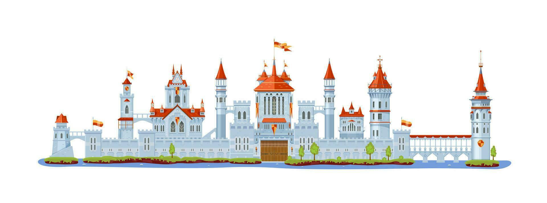 Medieval fortress castle, gate, tower and turret, vector