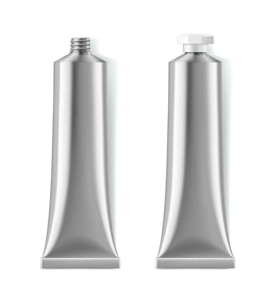 Realistic metal silver paint tube cosmetic package vector