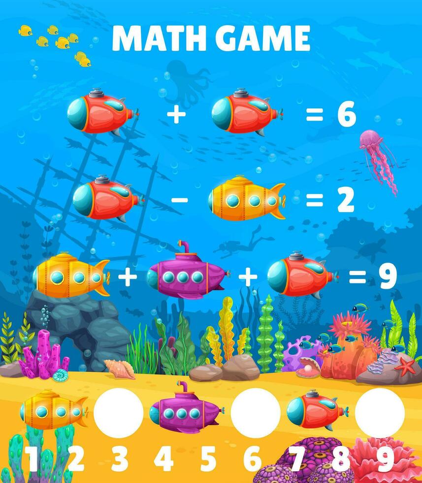 Math game worksheet with cartoon submarines vector
