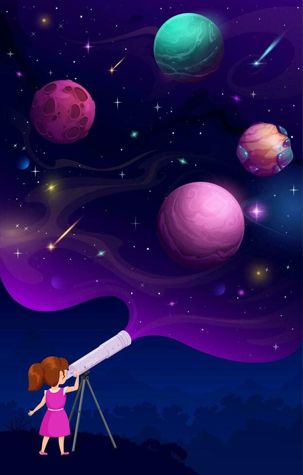 Girl kid looking through a telescope at night sky vector