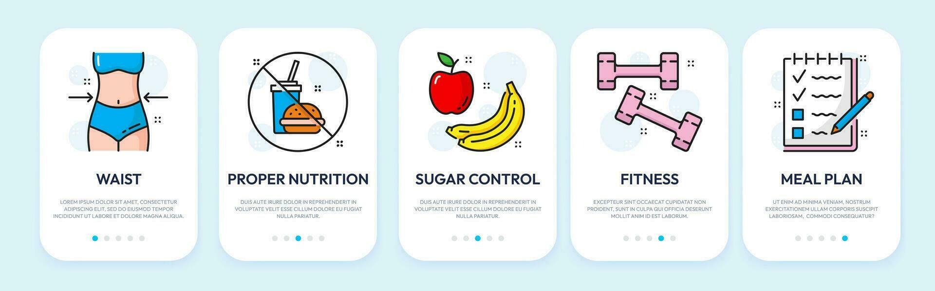 Mobile app onboarding screen line icons, nutrition vector