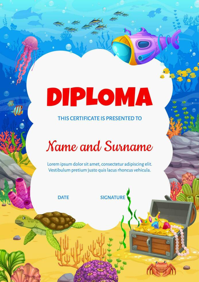 Kids diploma cartoon sea underwater landscape vector