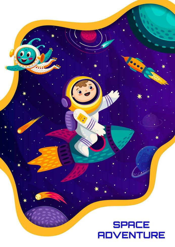 Space poster, cartoon kid astronaut on rocketship vector