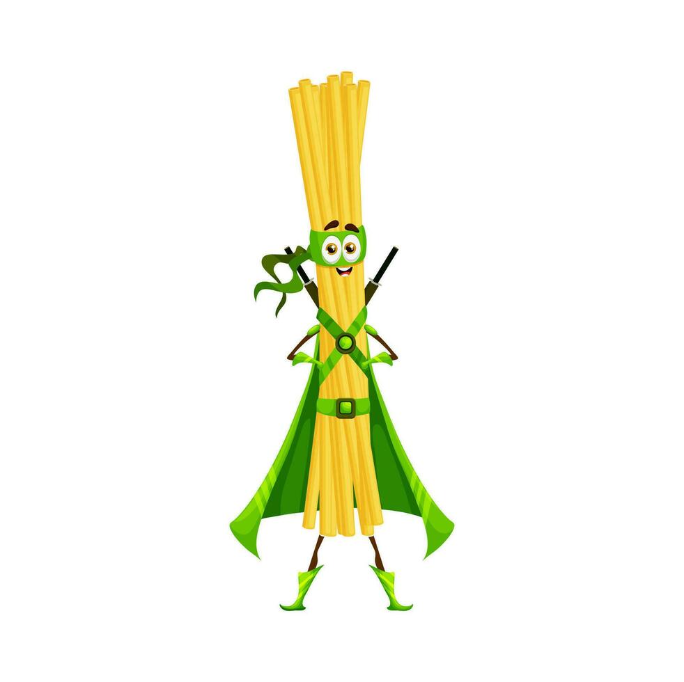 Cartoon superhero pasta character, bucatini hero vector