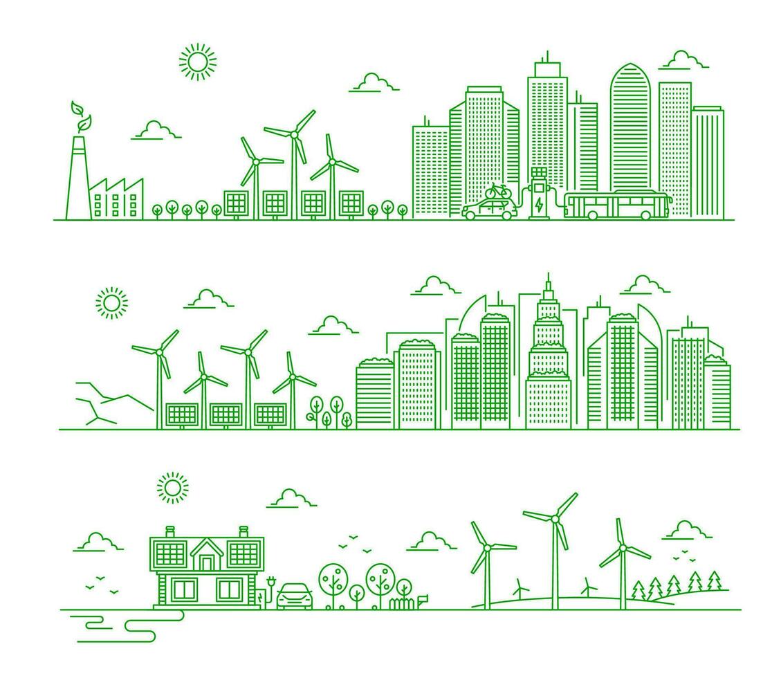 Eco city landscape outline panoramic concept vector