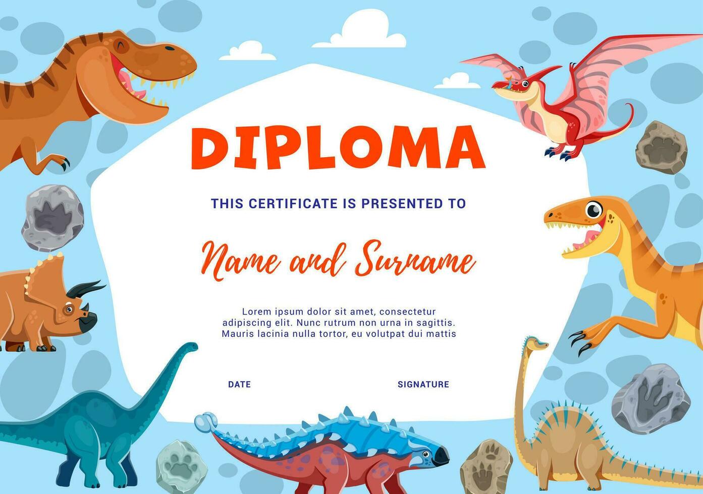 Kids diploma, cartoon dinosaur characters, fossil vector