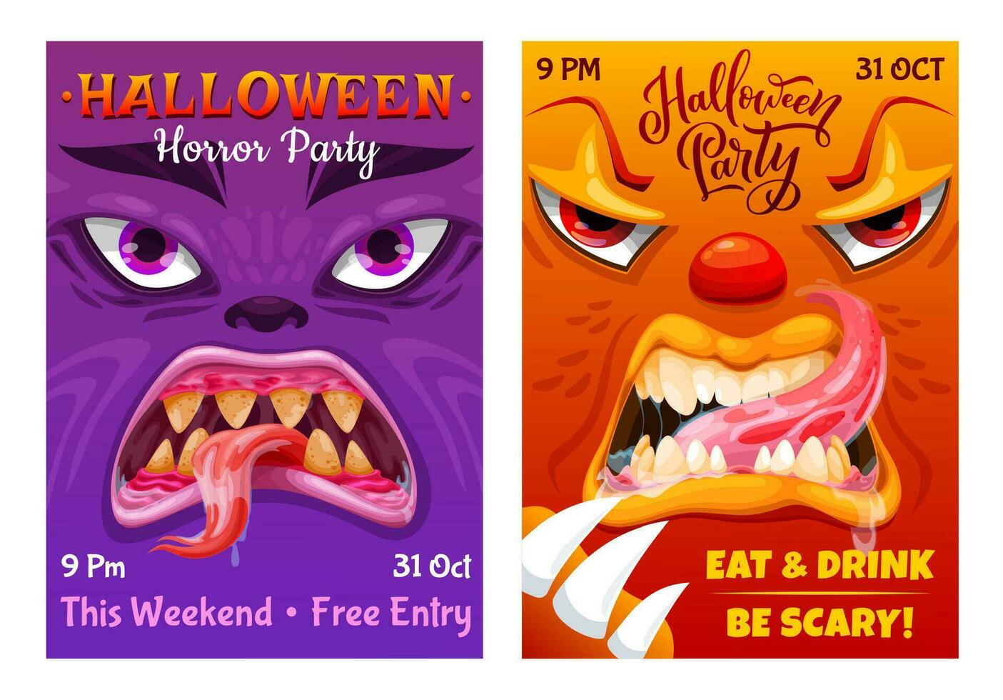 Halloween party flyer cartoon monster characters vector