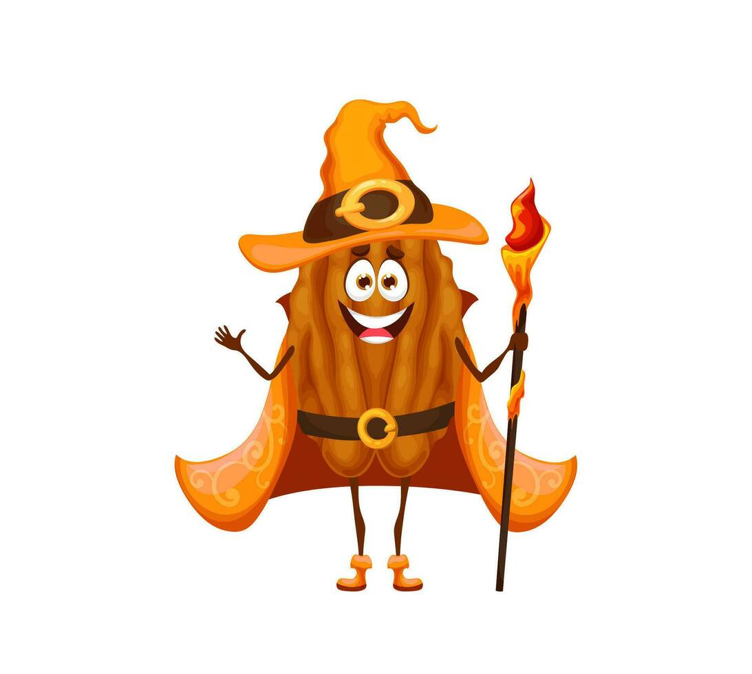 Cartoon halloween pecan wizard vector character