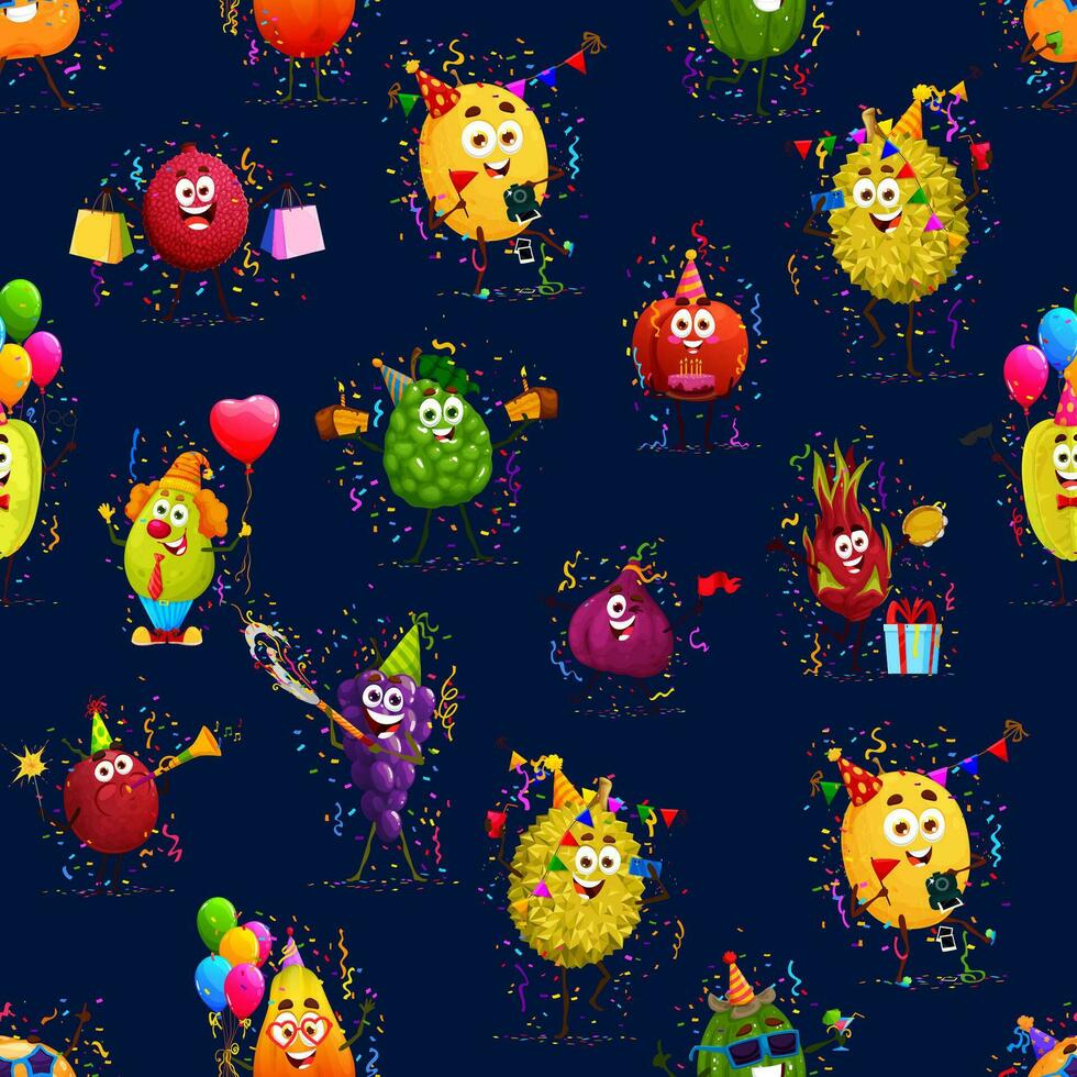 Cartoon fruit characters on birthday tile pattern vector