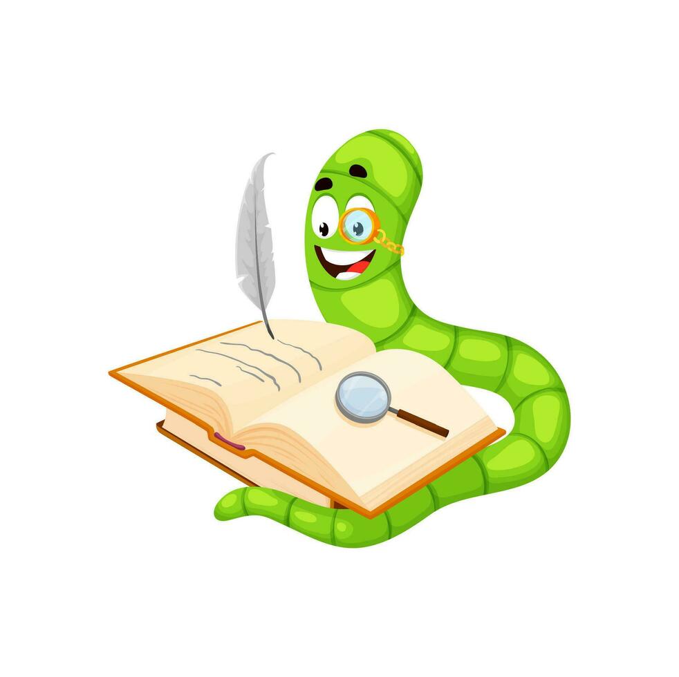 Cartoon bookworm character, cute book worm author vector