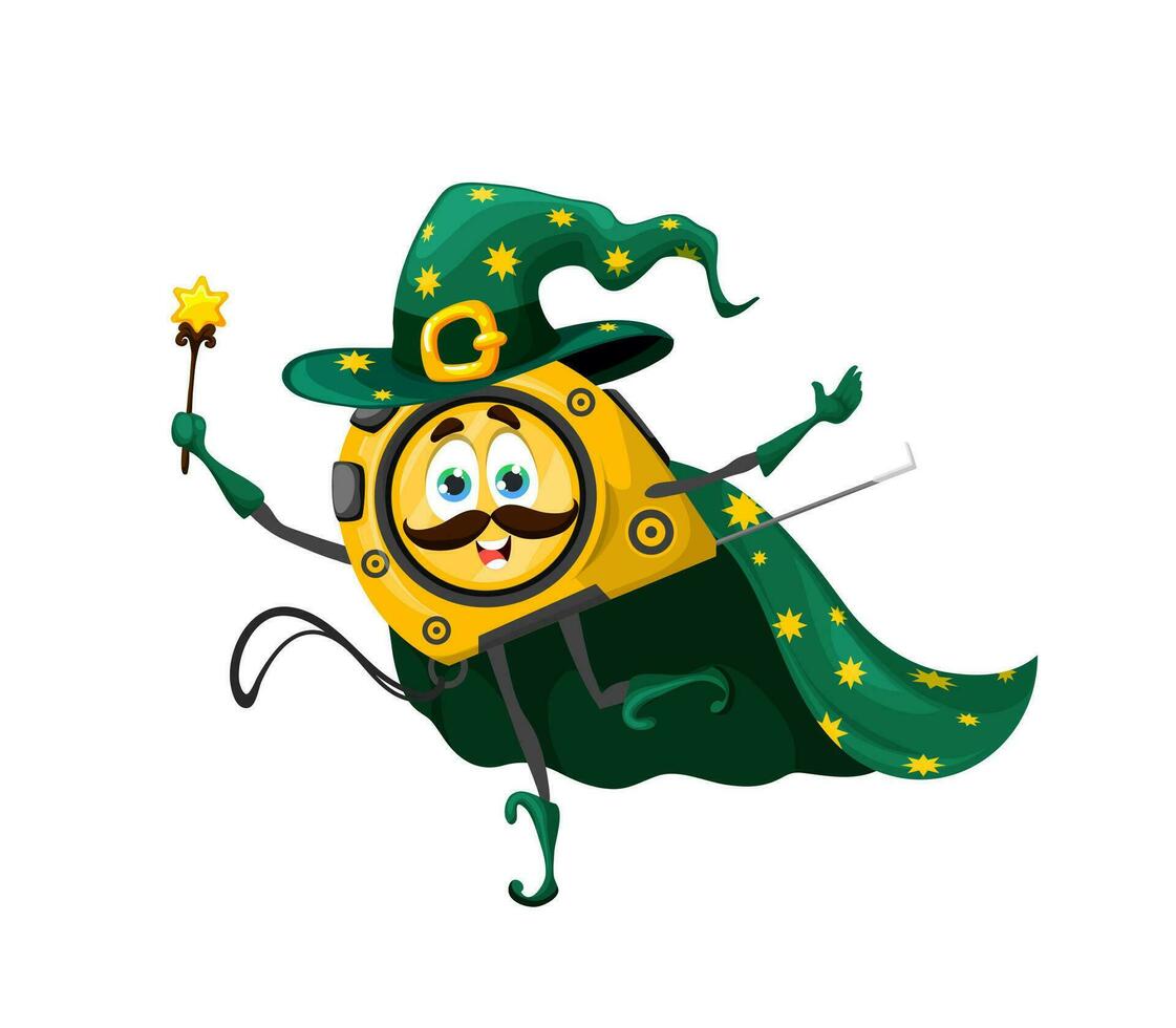 Cartoon Halloween tape measure wizard character vector