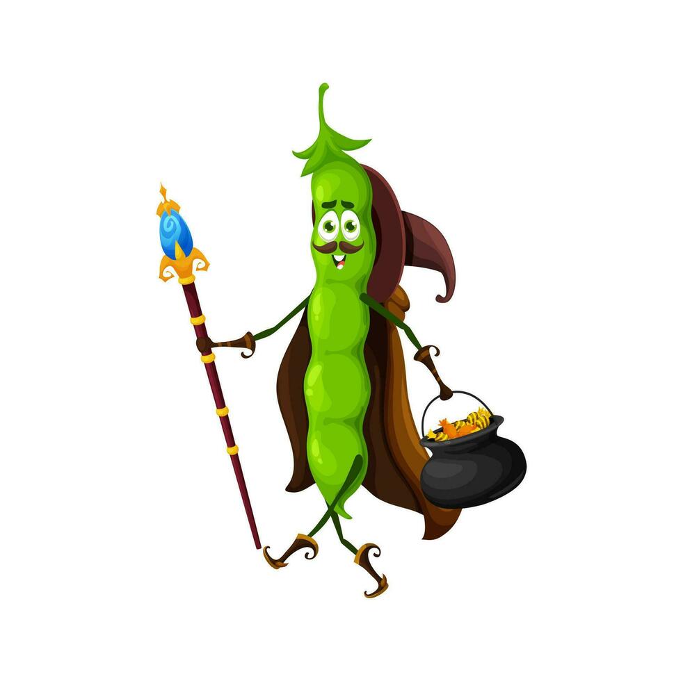 Cartoon Halloween green pea wizard character vector