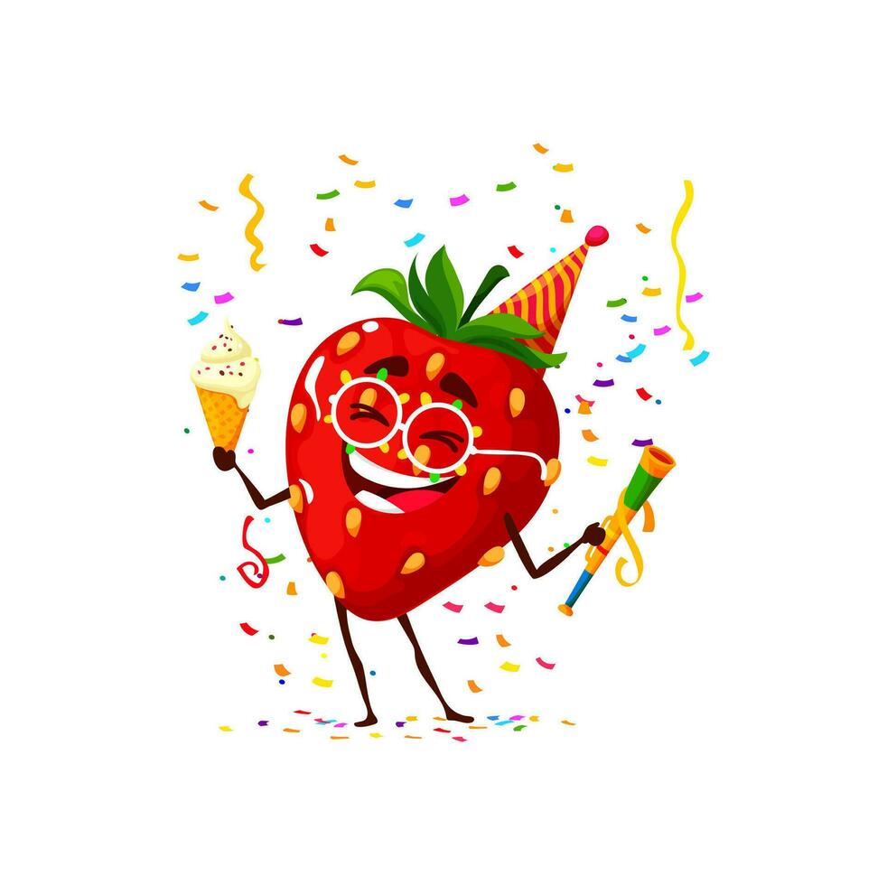 Cartoon strawberry character, birthday holiday vector