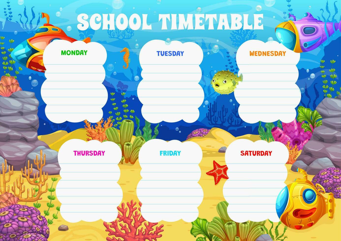 Timetable with underwater landscape, submarines vector