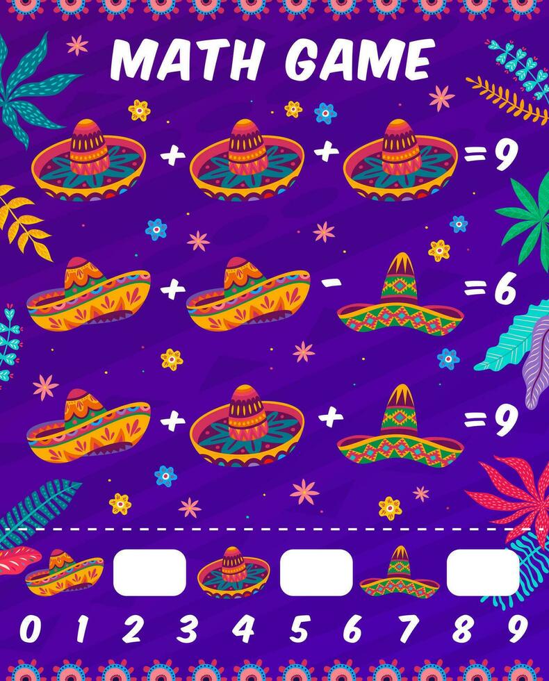 Math game worksheet with Mexican sombrero hats vector