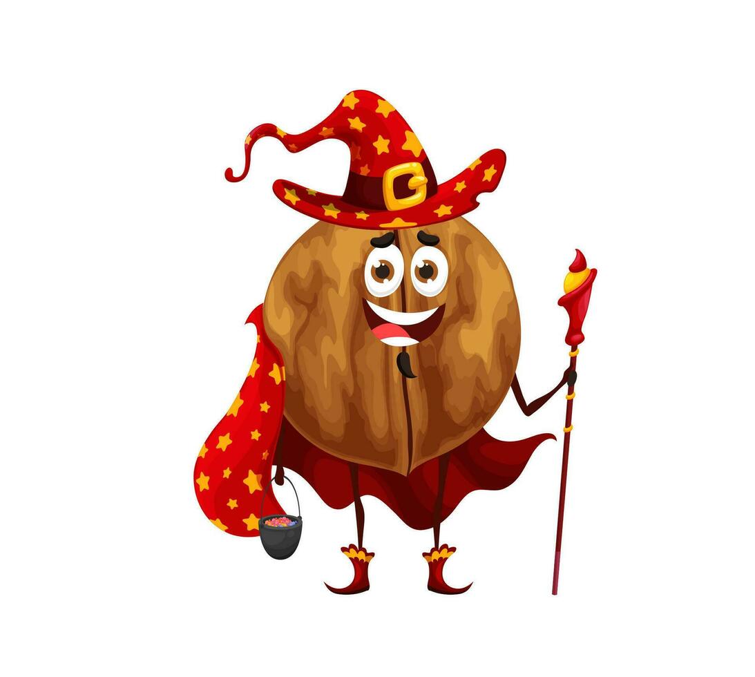 Cartoon Halloween walnut wizard character, wiz nut vector