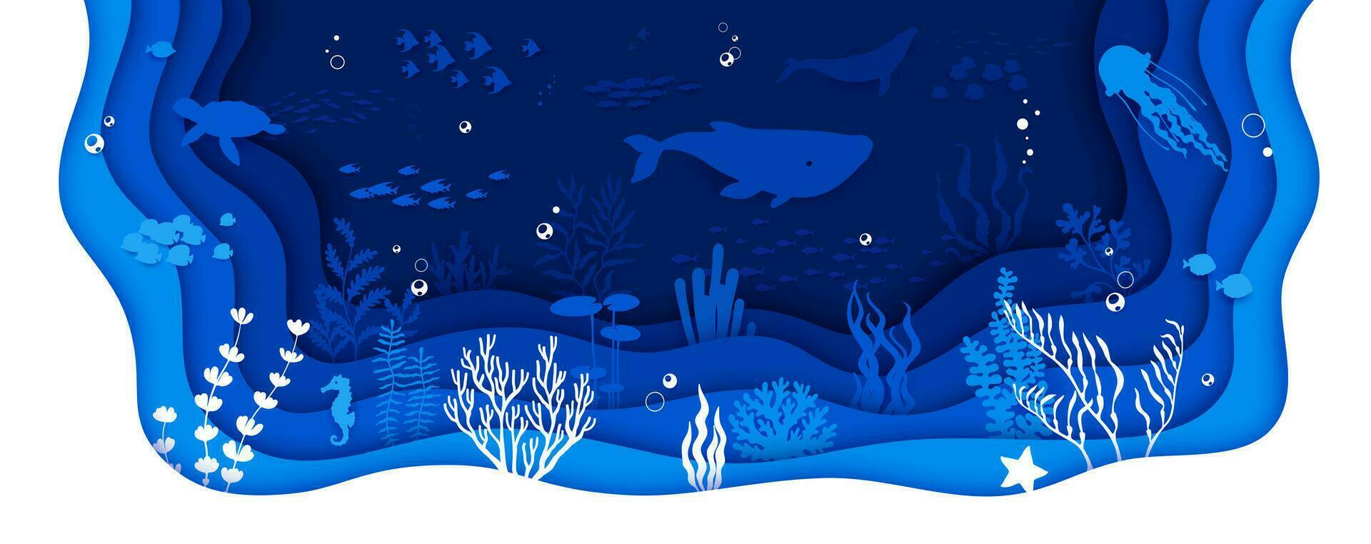Sea paper cut bottom landscape, 3d art background vector