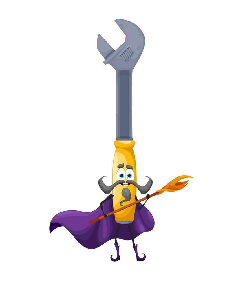 Cartoon halloween adjustable wrench tool wizard vector