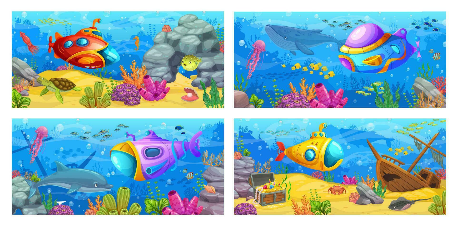 Cartoon underwater sea submarine and bathyscaphe vector