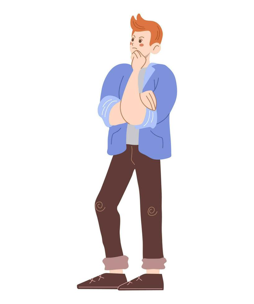 Sad man is thinking. Male character in cartoon style. Flat vector illustration isolated on white background.