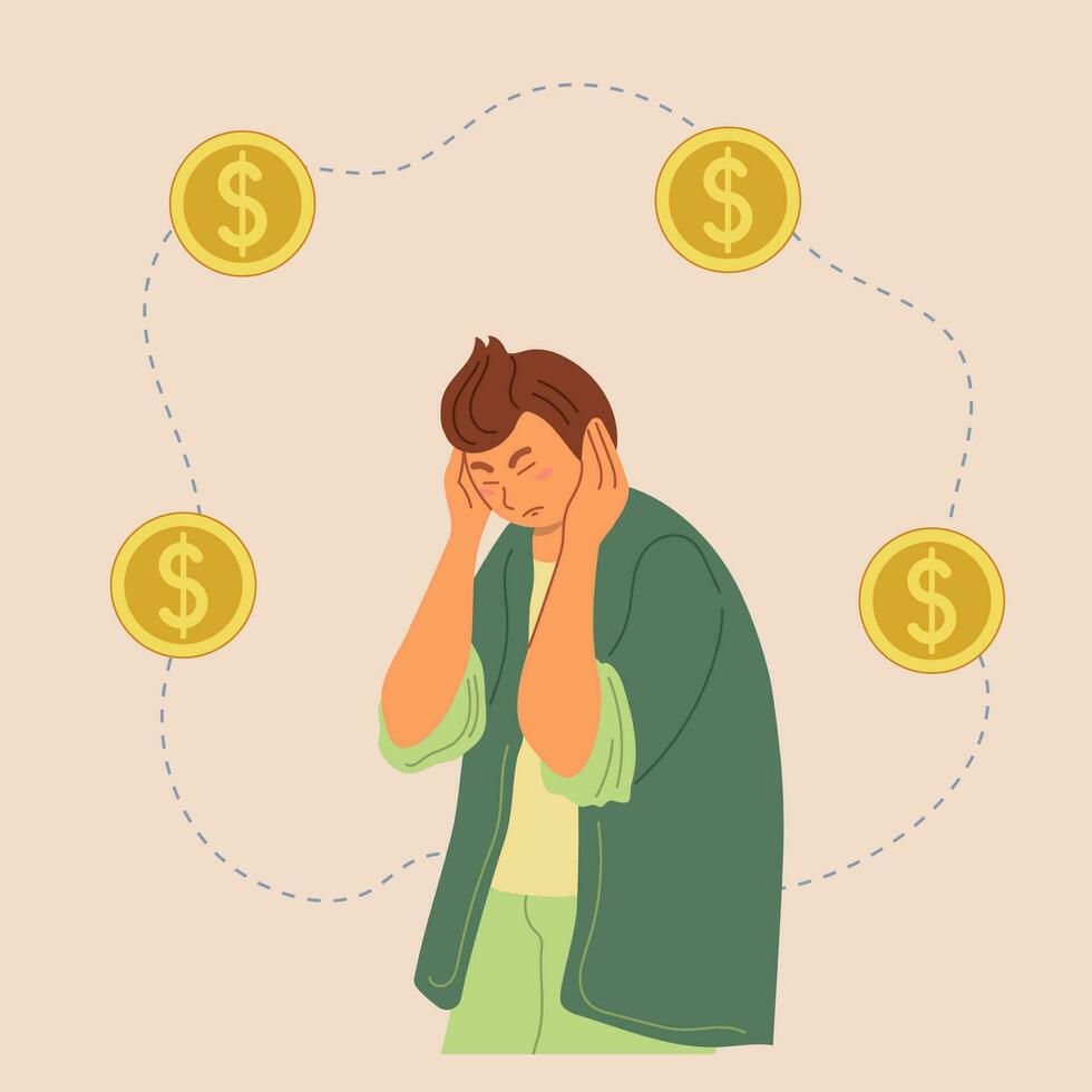 Depressed sad man thinking over financial problems and debts. Needing money. Vector illustration for bankruptcy, loss, crisis, trouble concept