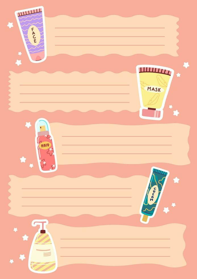 Cute Planner Page with make up cosmetics. Weekly or daily note cards for notes. Design template with tubes of cosmetics. Vector. vector