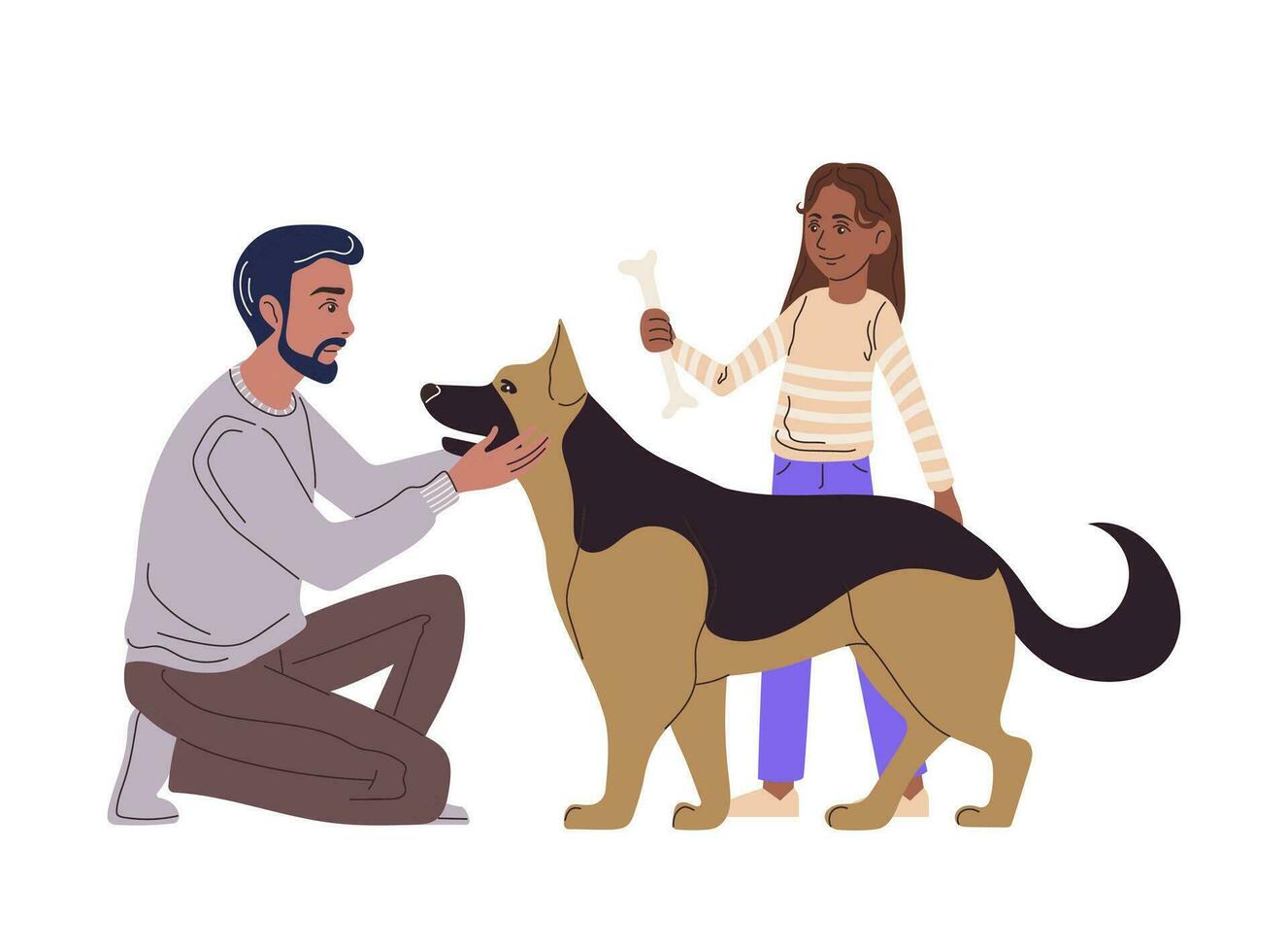 familia jugando con perro. alemán pastor perro con dueños padre con hija con mascota. dibujos animados estilo. vector ilustración aislado en blanco.