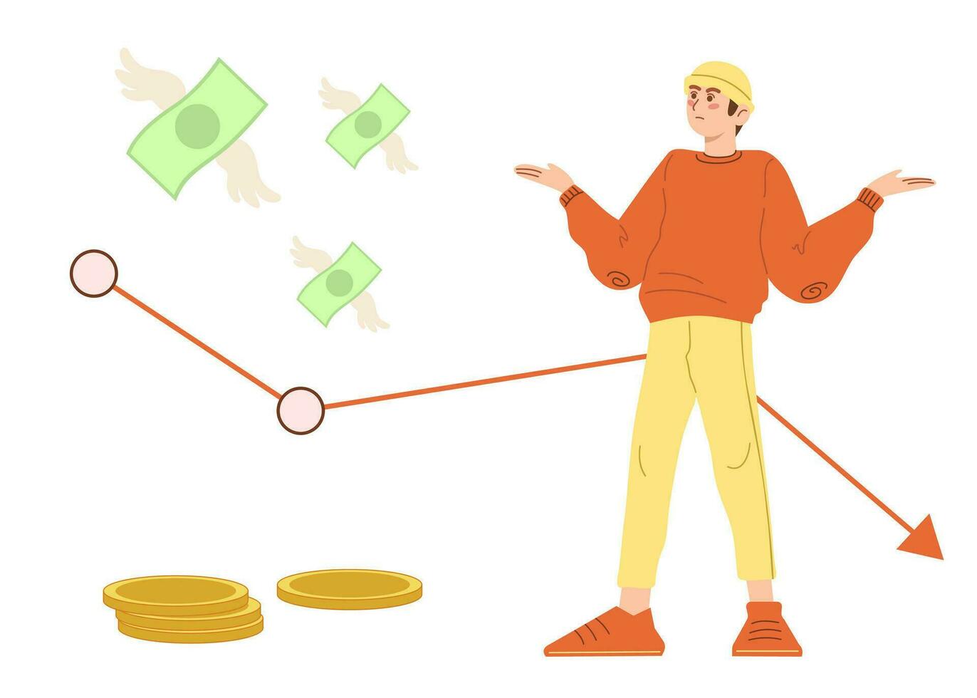 Financial problems and bankruptcy concept. Young sad depressed man. Vector illustration in cartoon style