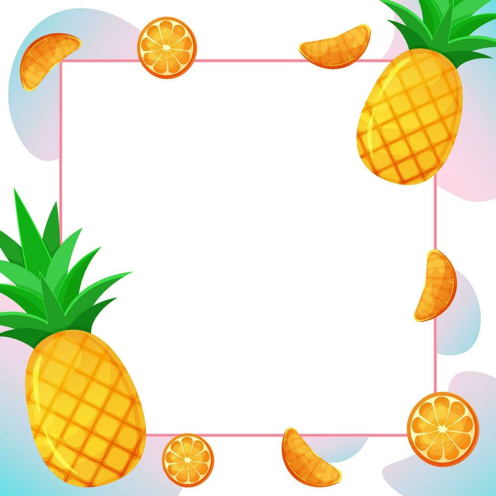 Tropical border with exotic fruit pineapple. Square frame. Template design. Vector illustration.