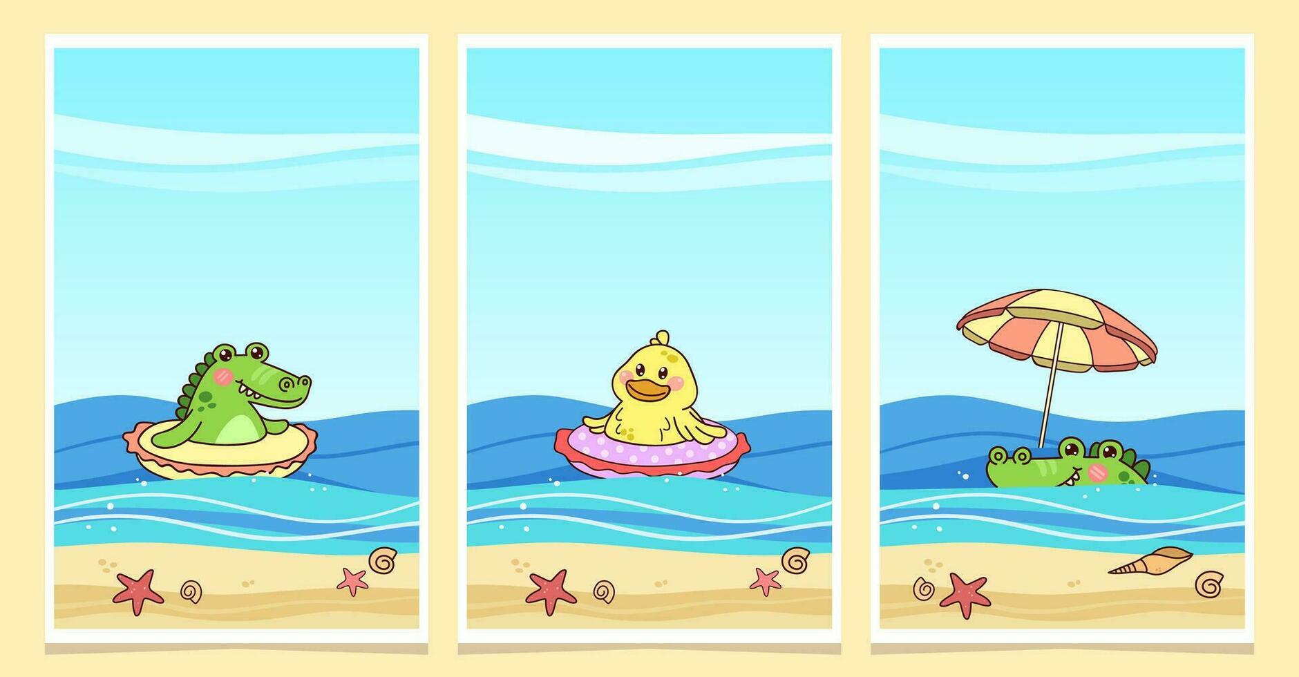 kawaii animales Pato y cocodrilo en el playa. colección de verano antecedentes diseños vertical vector ilustración en dibujos animados estilo.